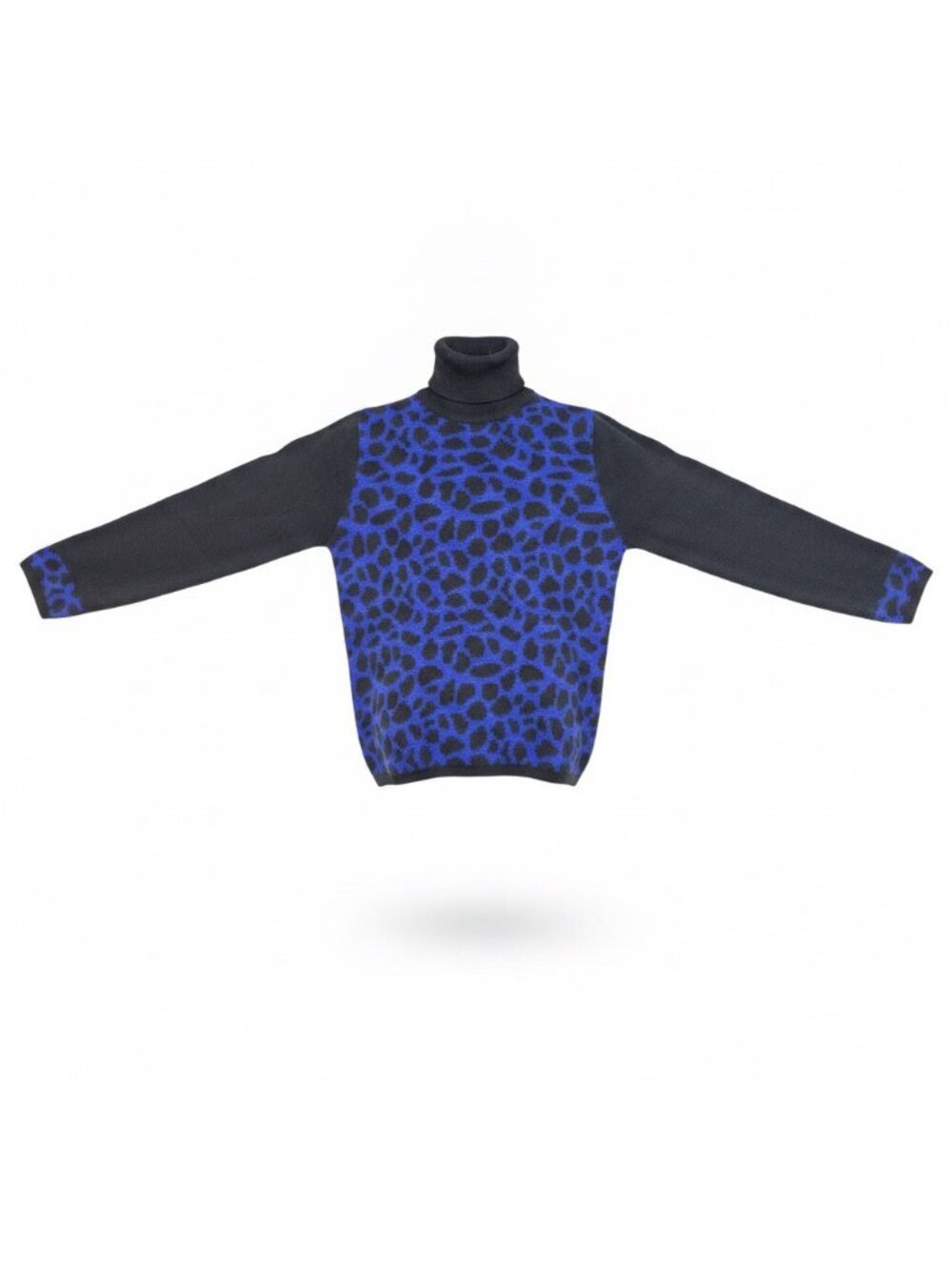 Nina Leonard Womens Black & Blue Leopard Print Turtleneck Sweater Size M
